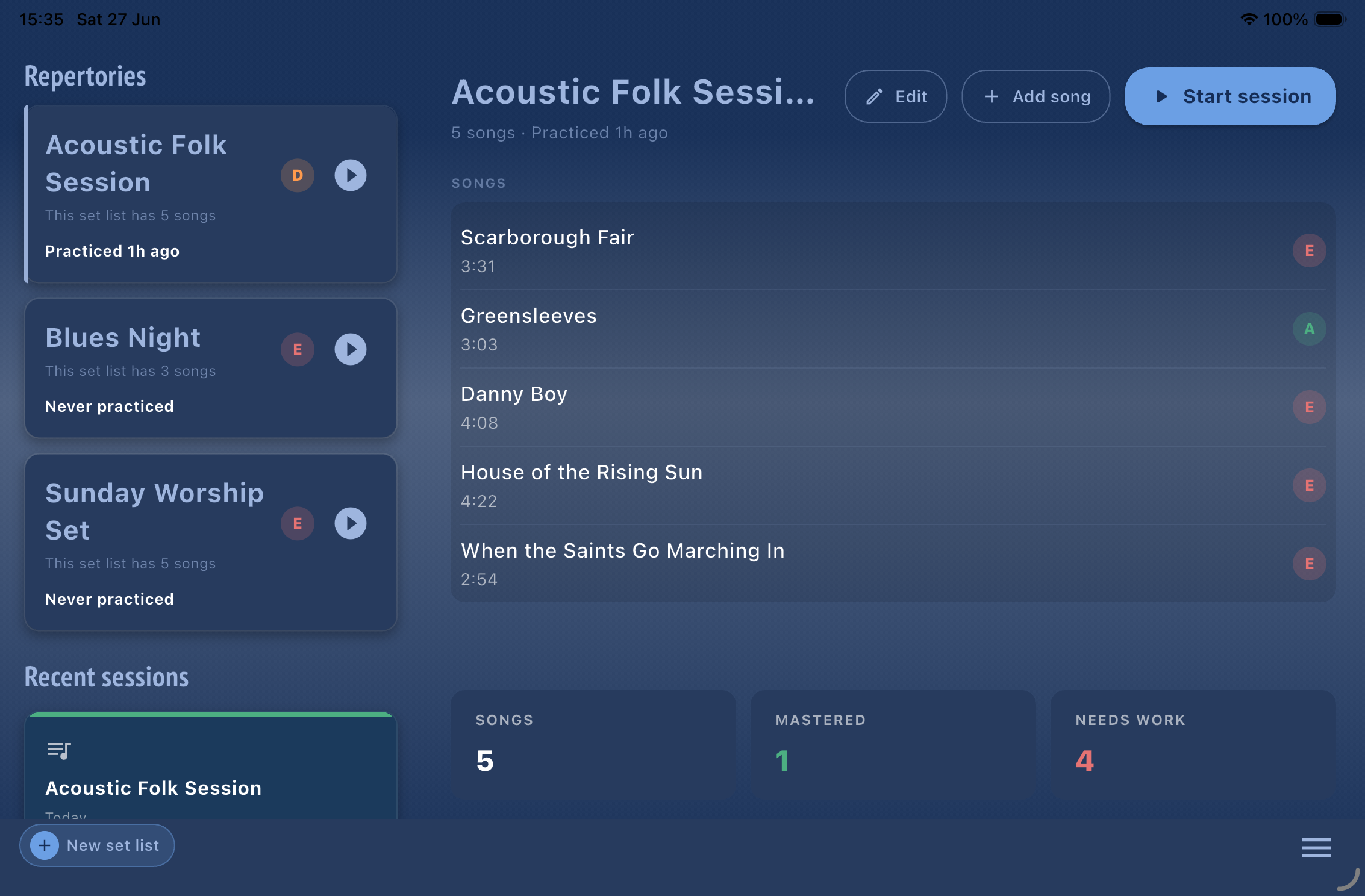 iPad master-detail dashboard — set list on the left, session detail on the right