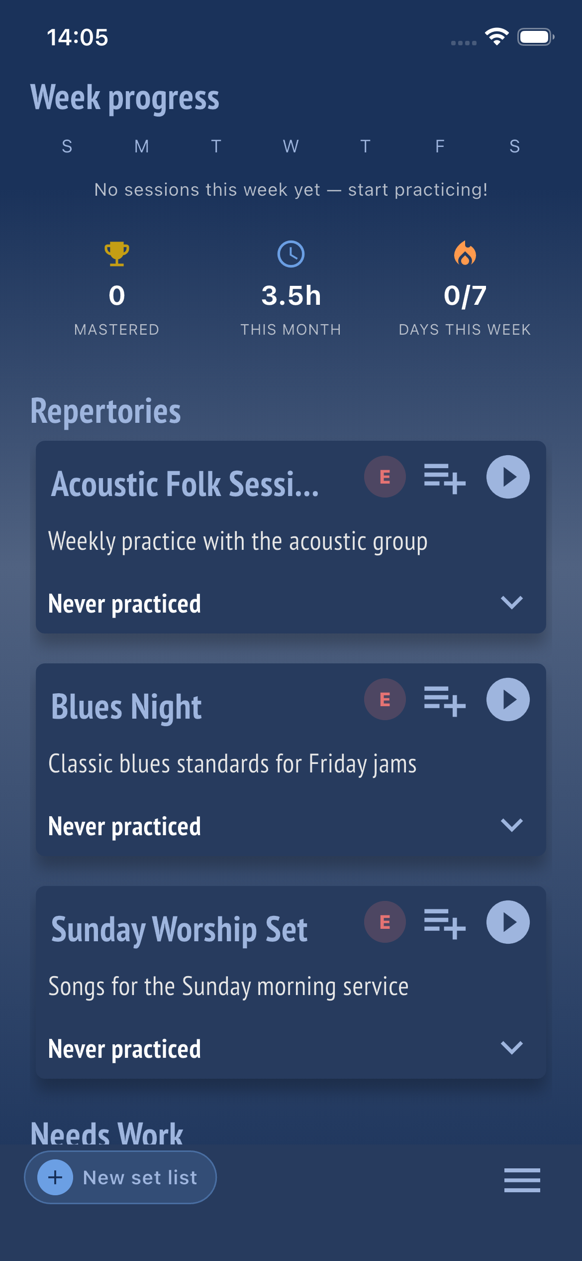 Repertory dashboard showing week progress, mastered songs, and repertory list