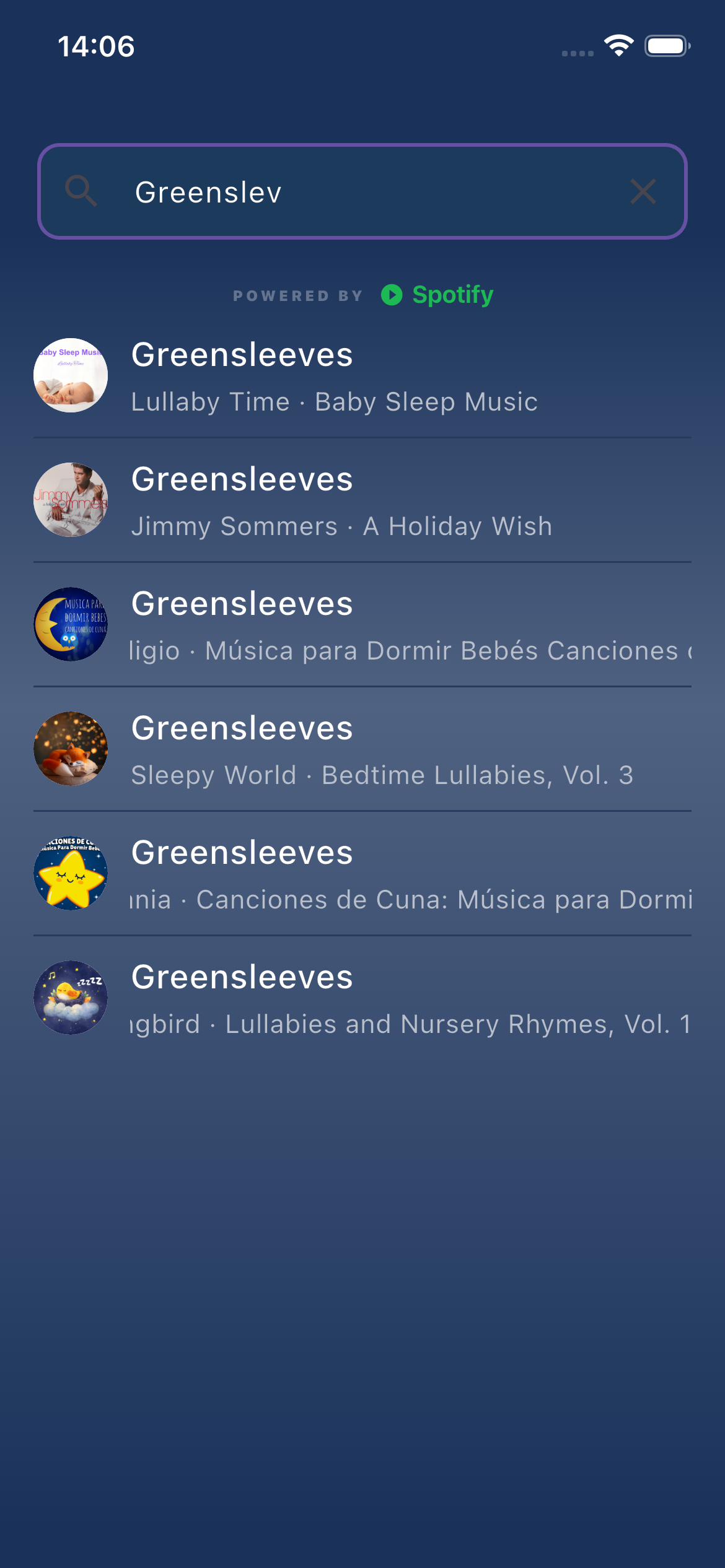 Spotify search inside Repertory — results list with song, artist and album info