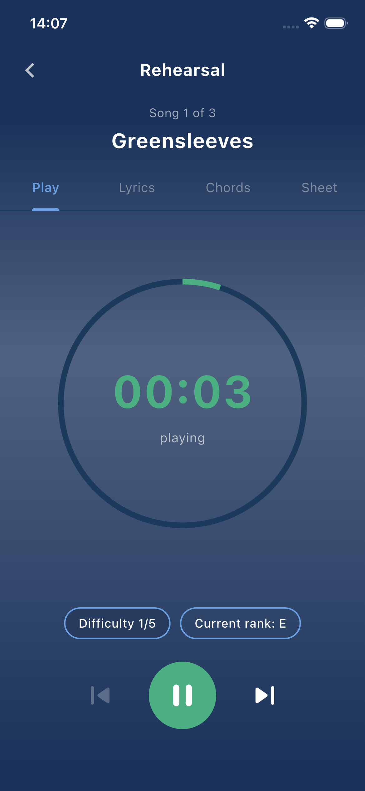 Live practice session — timer countdown, difficulty, and rank