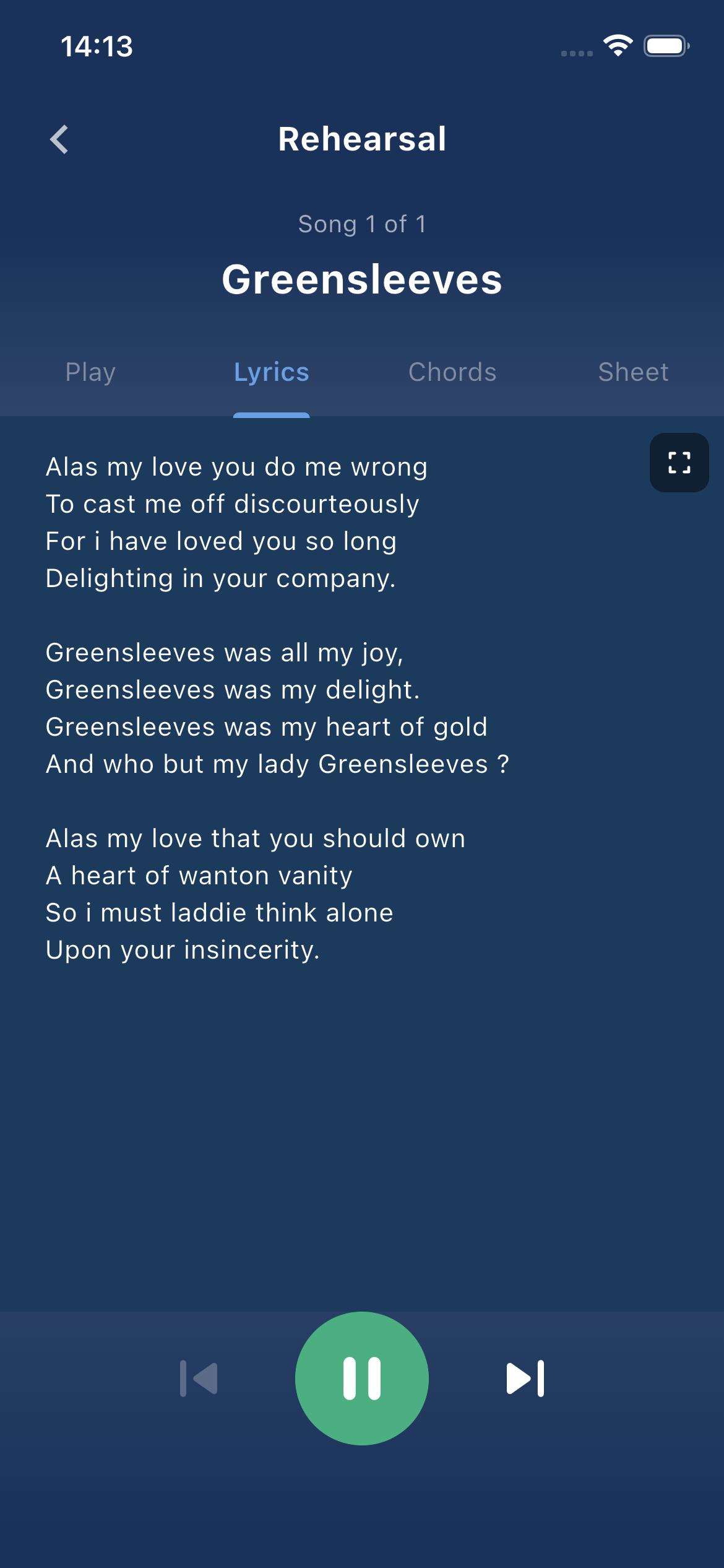 Lyrics tab — song lyrics displayed during rehearsal