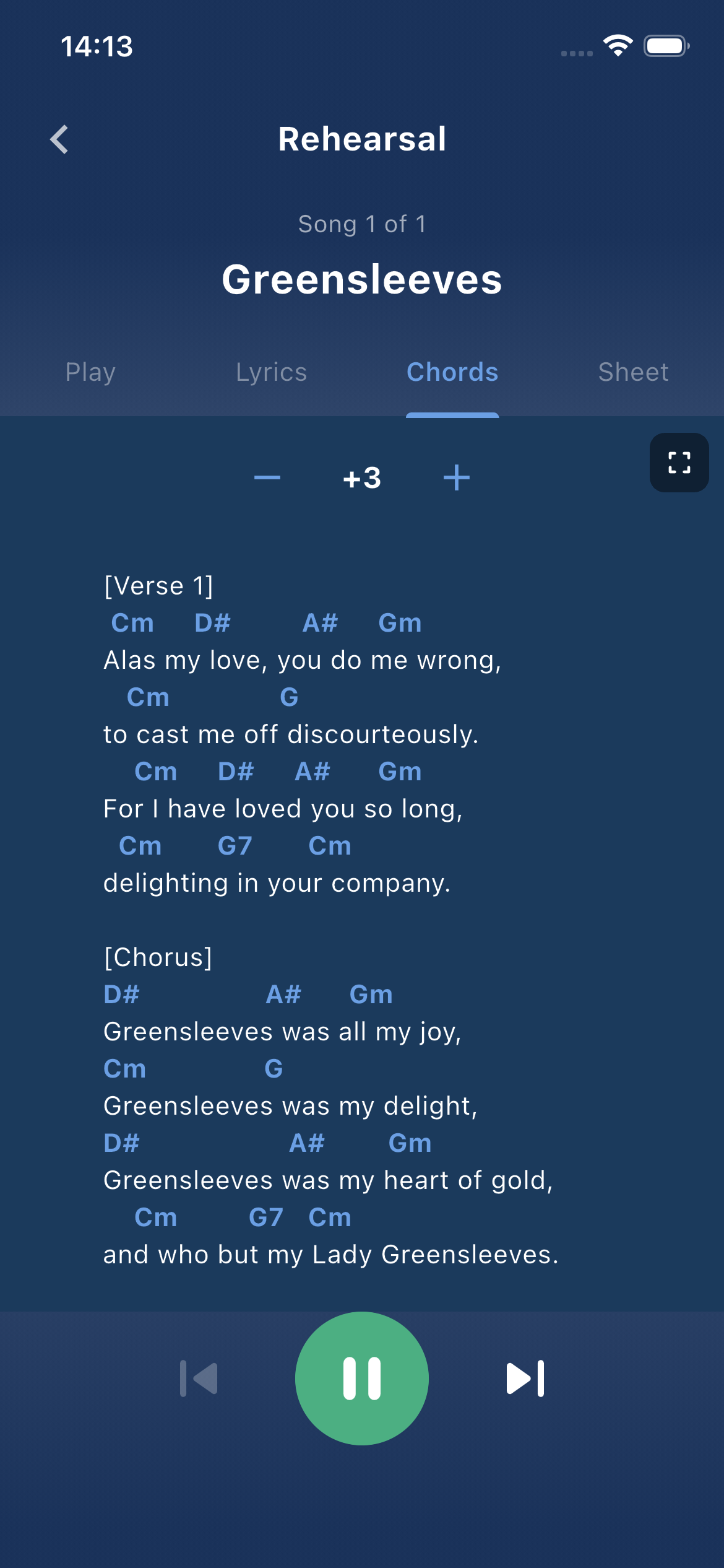 Chords tab — chord chart with transposition controls active