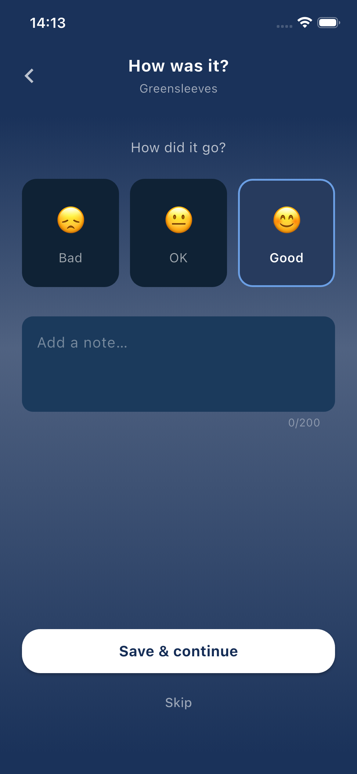Song rating screen — Bad, OK, Good with practice note