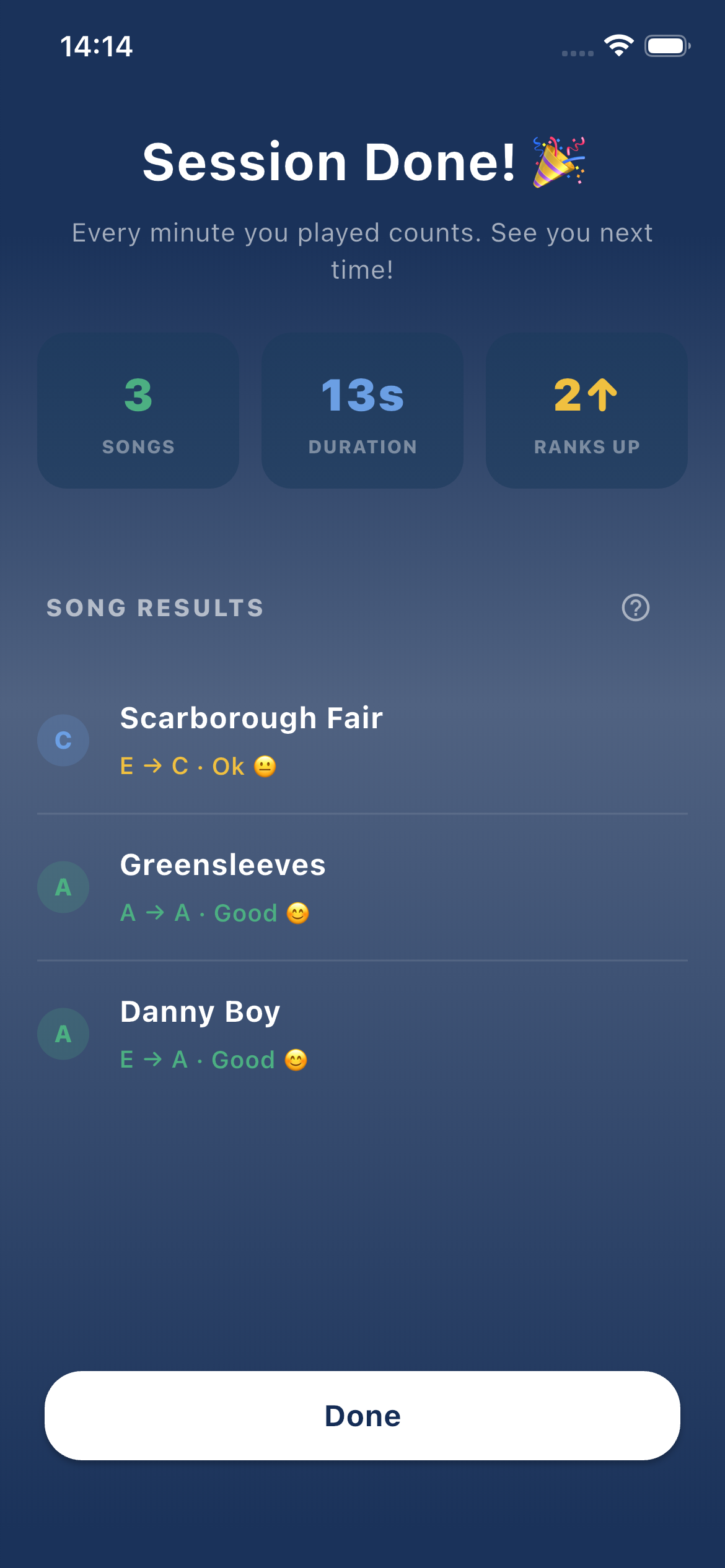 Session complete — 3 songs practiced, duration, rank ups