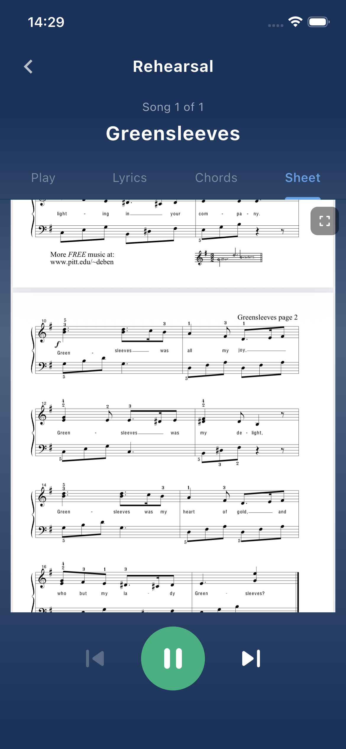 Sheet tab — full sheet music PDF rendered during rehearsal