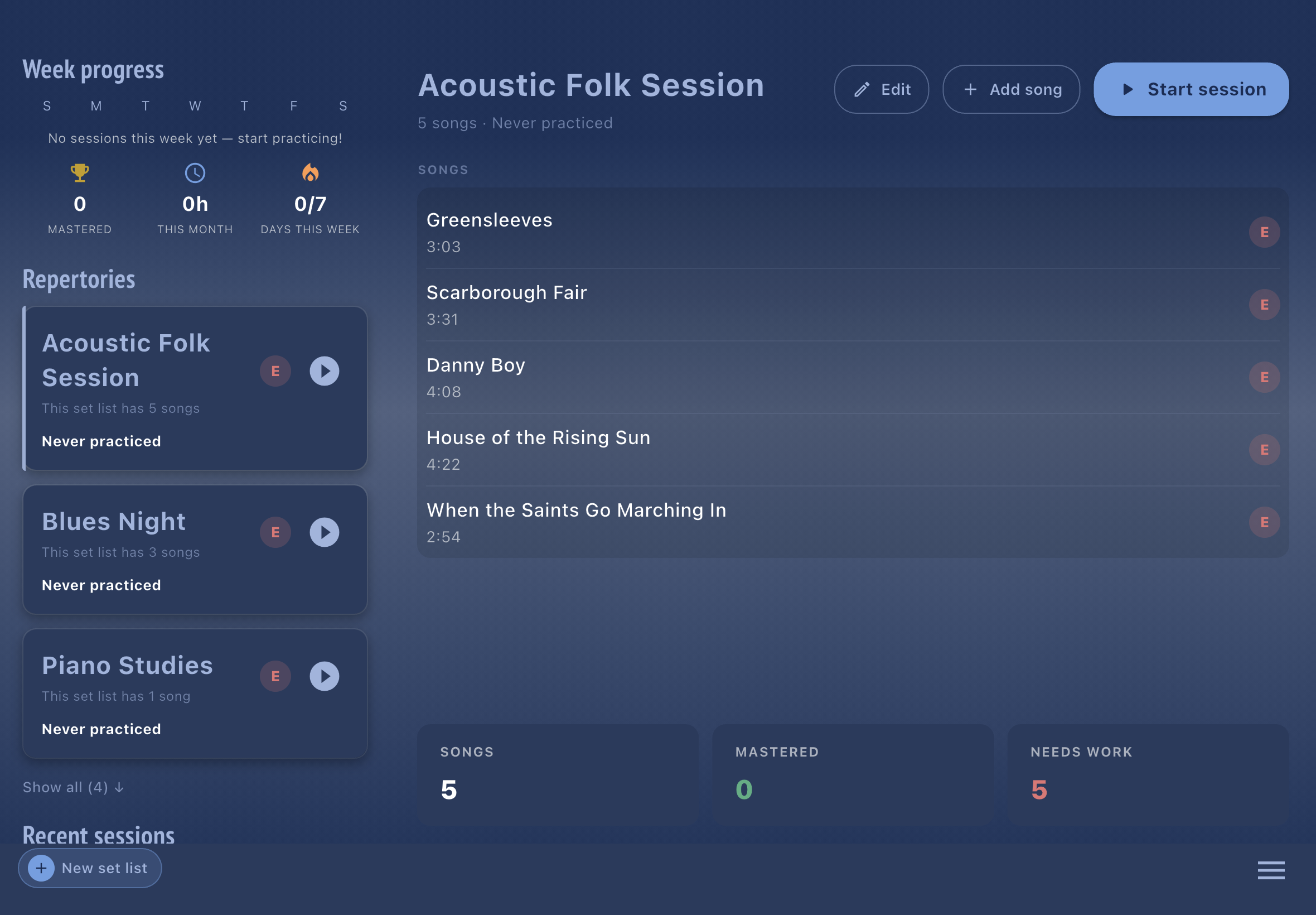 iPad master-detail dashboard — set list on the left, session detail on the right