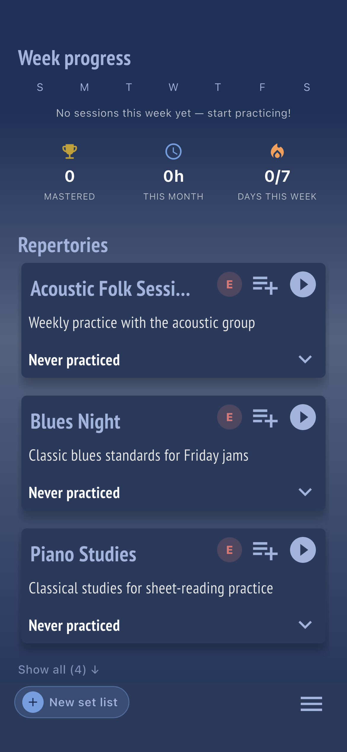 Repertory dashboard showing week progress, mastered songs, and repertory list