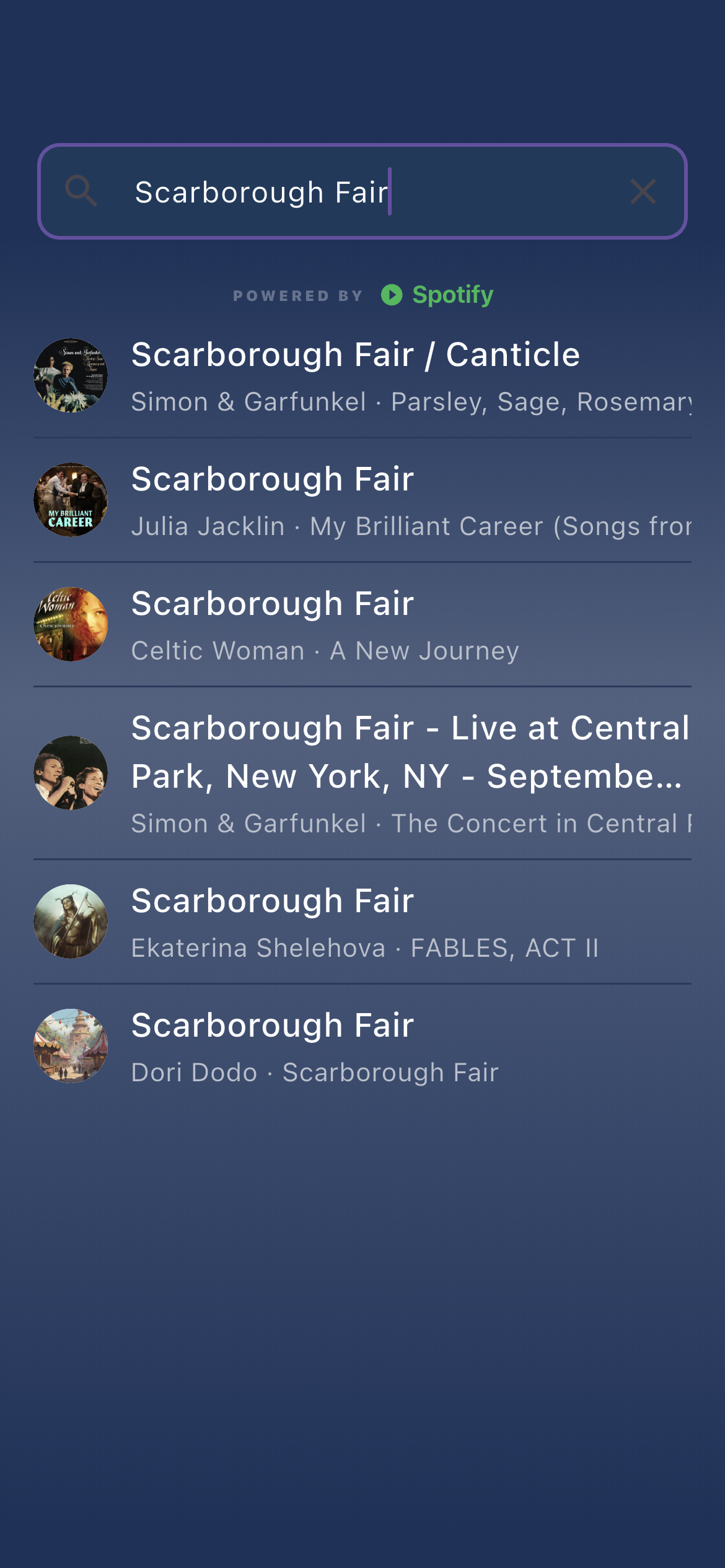 Spotify search inside Repertory — results list with song, artist and album info