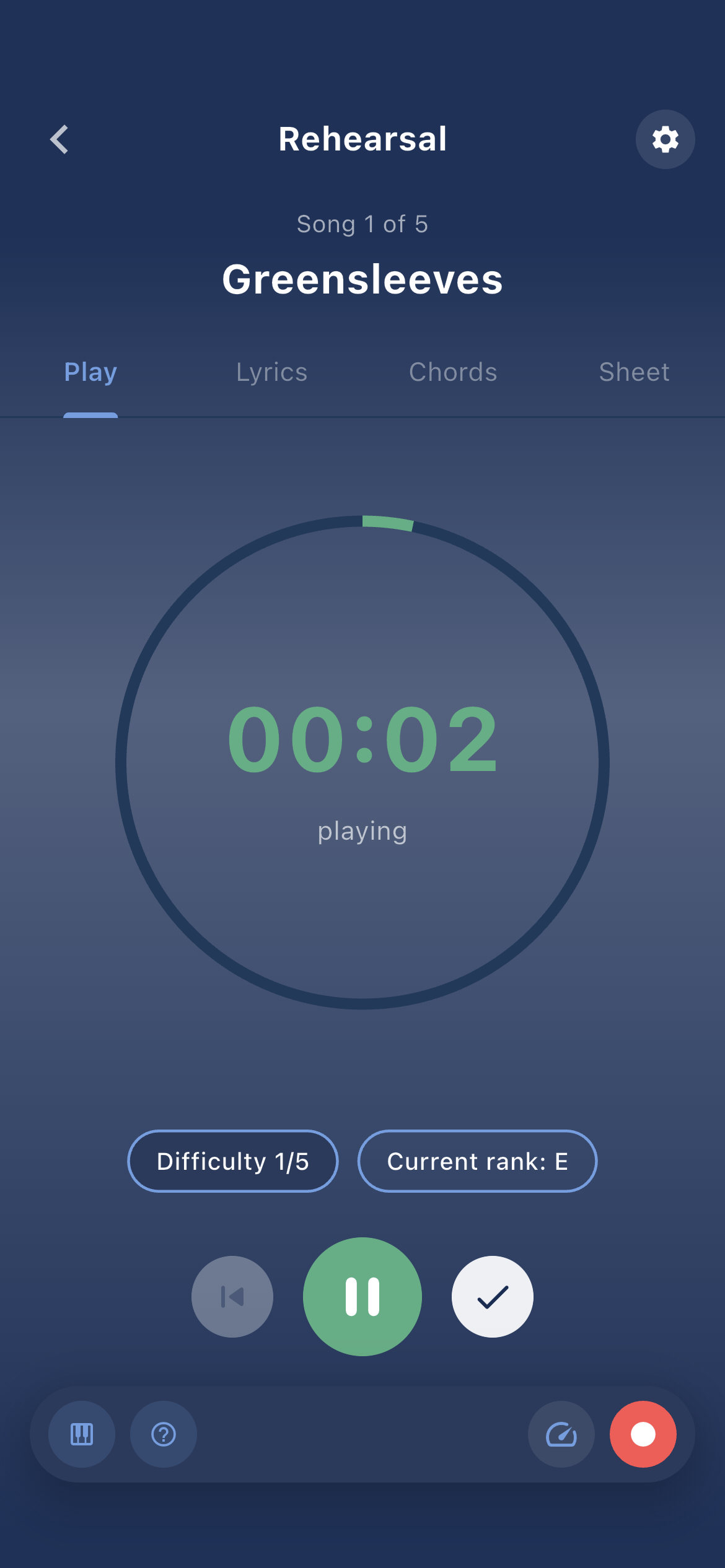 Live practice session — timer countdown, difficulty, and rank