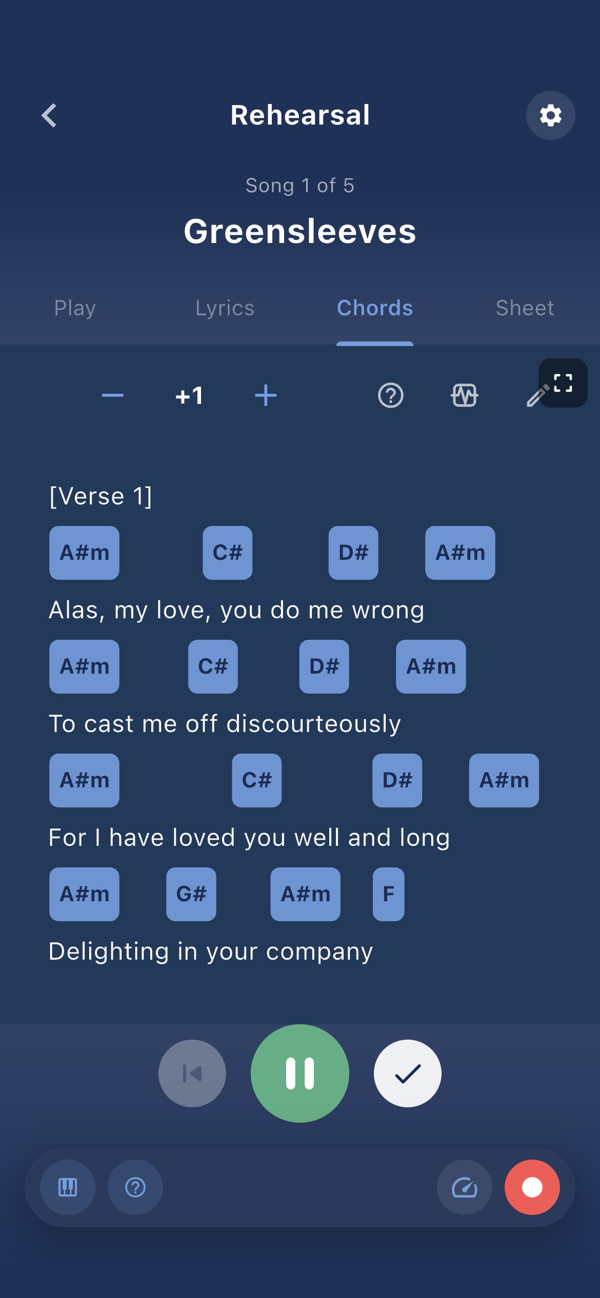 Chords tab — chord chart with transposition controls active