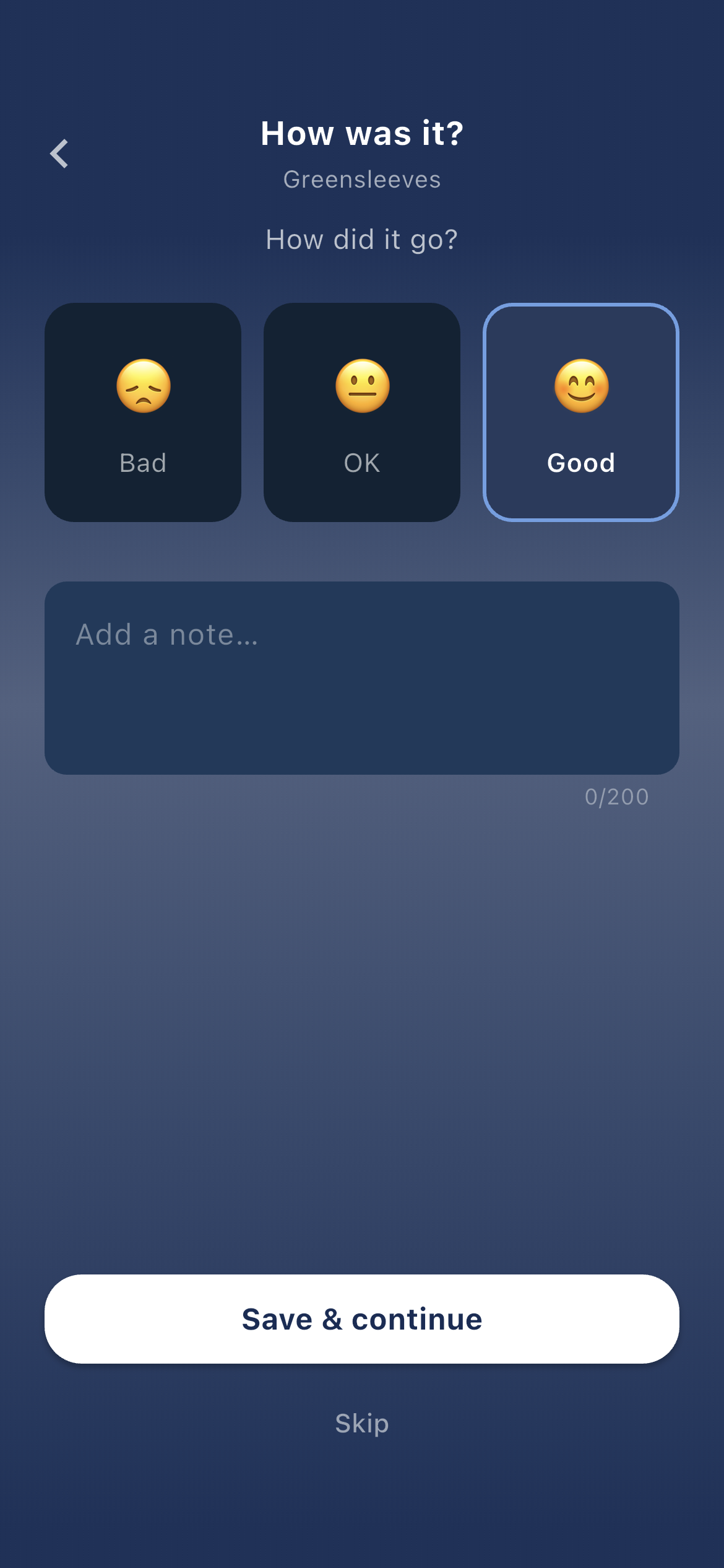 Song rating screen — Bad, OK, Good with practice note