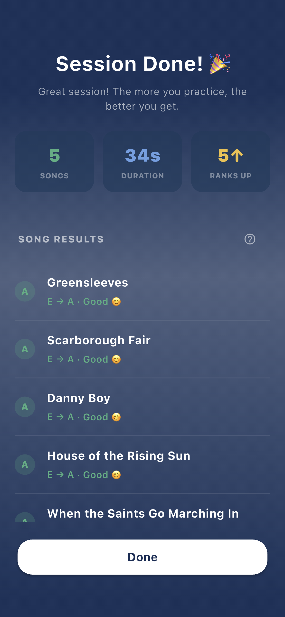 Session complete — 3 songs practiced, duration, rank ups