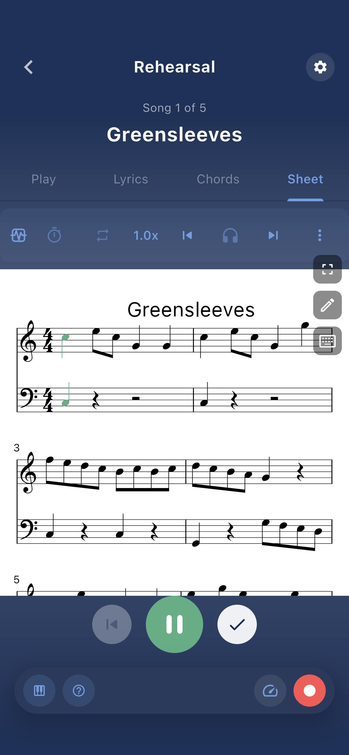 Sheet tab — full sheet music PDF rendered during rehearsal